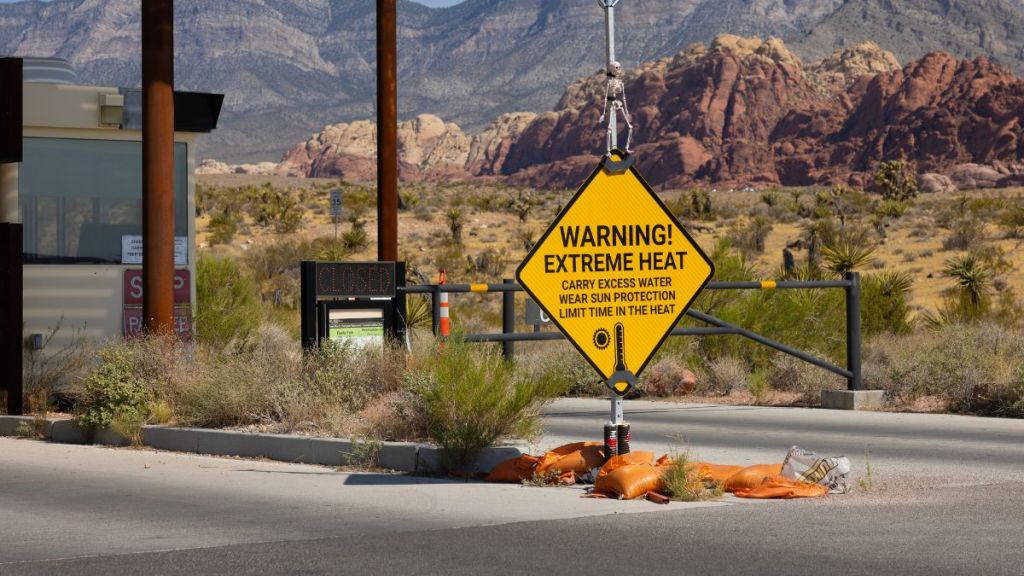 A Extreme Heat warning at the entrance to Red Rock Canyon in Las Vegas during a summer heatwave