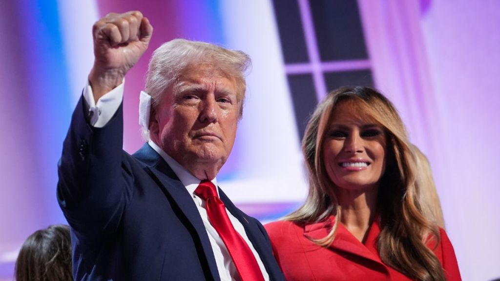 Former first lady Melania Trump joins Republican presidential nominee, former U.S. President Donald Trump on stage after he officially accepted the Republican presidential nomination on the fourth day of the Republican National Convention at the Fiserv Forum on July 18, 2024 in Milwaukee, Wisconsin.