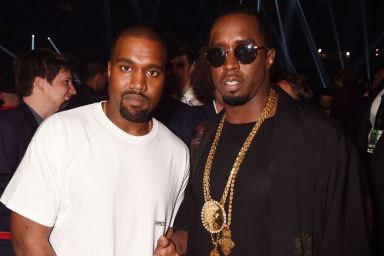 Kanye West and Sean Diddy Combs pose backstage during the 2016 MTV Video Music Awards at Madison Square Garden on August 28, 2016 in New York City.