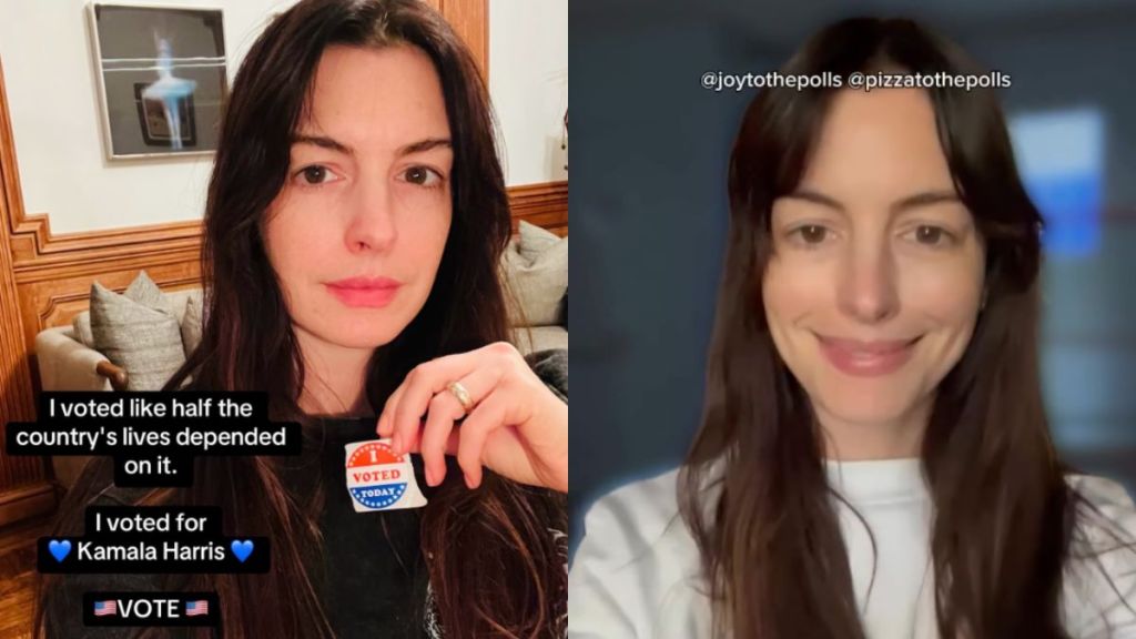 Anne Hathaway, who recently tweaked Sabrina Carpenter's song Please Please Please to encourage people to vote despite the annoyances.