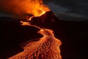 Seen from an aerial view, lava flows from the Sundhnúkur volcano on June 3, 2024 on the Reykjanes peninsula near Grindavik, Iceland. The volcano, which has erupted five times since December, has forced the evacuation of the southwestern fishing town of Grindavik as well as the nearby Blue Lagoon geothermal spa.