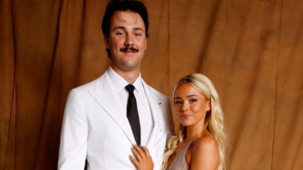 Paul Skenes #30 of the Pittsburgh Pirates and Livvy Dunne pose for a portrait during the 2024 Red Carpet Photo Shoot at Loews Arlington Hotel and Convention Center on Tuesday, July 16, 2024 in Arlington, Texas.