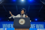 Cardi B speaks during a campaign rally for Democratic presidential nominee, U.S. Vice President Kamala Harris at the Wisconsin State Fair Park Exposition Center on November 1, 2024 in West Allis, Wisconsin.