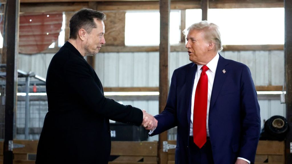 Elon Musk (L) shakes hands with Republican presidential nominee, former President Donald Trump back stage during a campaign rally at the Butler Farm Show grounds on October 05, 2024 in Butler, Pennsylvania. This is the first time that Trump has returned to Butler since he was injured during an attempted assassination on July 13.