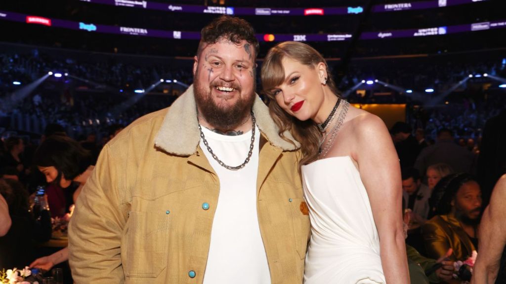 Jelly Roll and Taylor Swift attend the 66th GRAMMY Awards at Crypto.com Arena on February 04, 2024 in Los Angeles, California.