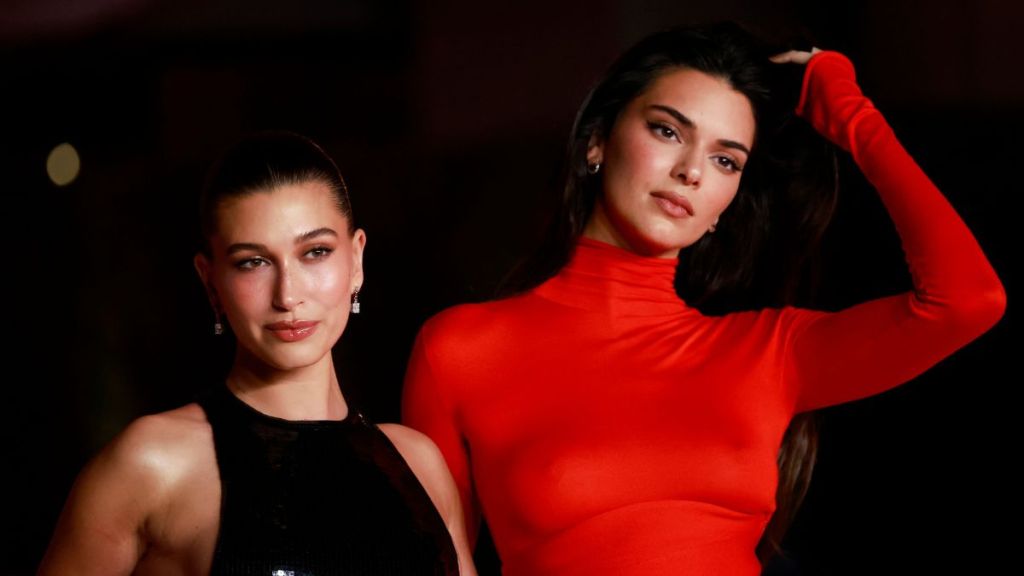 US model Hailey Bieber (L) and US model Kendall Jenner attends the 3rd Annual Academy Museum Gala at the Academy Museum of Motion Pictures in Los Angeles, December 3, 2022.