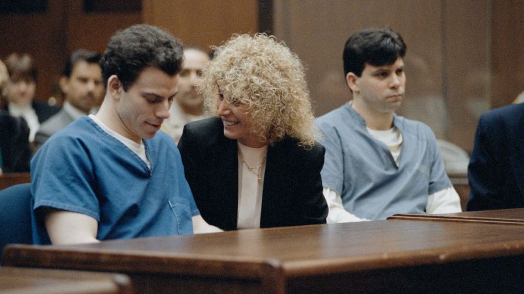 Erik Menendez with his attorney : Leslie Abramson and his brother Lyle Menendez. Los Angeles, 9th March 1994.