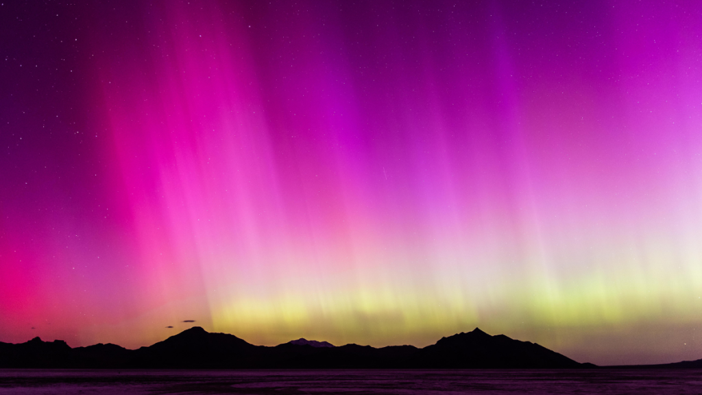 A geomagnetic storm lights up the night sky above the Bonneville Salt Flats on May 10, 2024 in Wendover, Utah. Places as far south as Alabama and parts of Northern California were expected to see the aurora borealis, also known as the northern lights from a powerful geomagnetic storm that reached Earth.