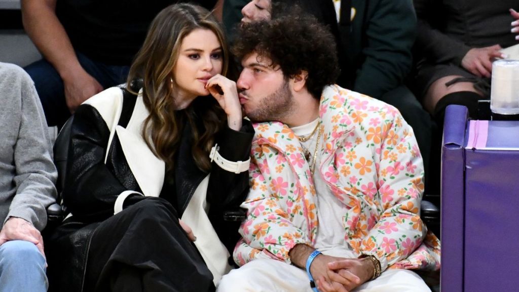 Selena Gomez and Benny Blanco attend a basketball game between the Los Angeles Lakers and the Miami Heat at Crypto.com Arena on January 03, 2024 in Los Angeles, California.