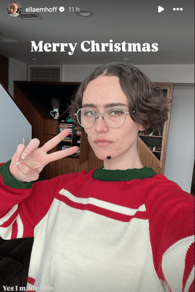 Kamala Harris stepdaughter Ella Emhoff knitwear Christmas selfie Instagram