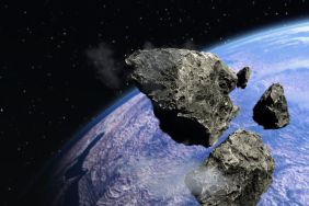 Asteroids approaching Earth, illustration.