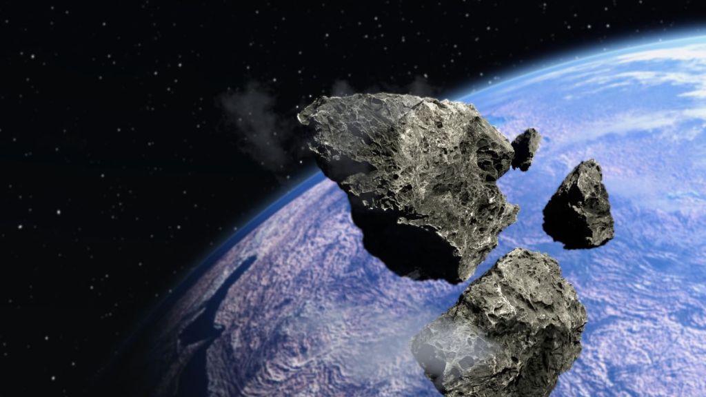 Asteroids approaching Earth, illustration.