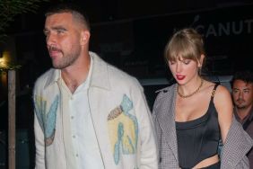 Travis Kelce and Taylor Swift are seen leaving the SNL after party on October 15, 2023 in New York, New York.