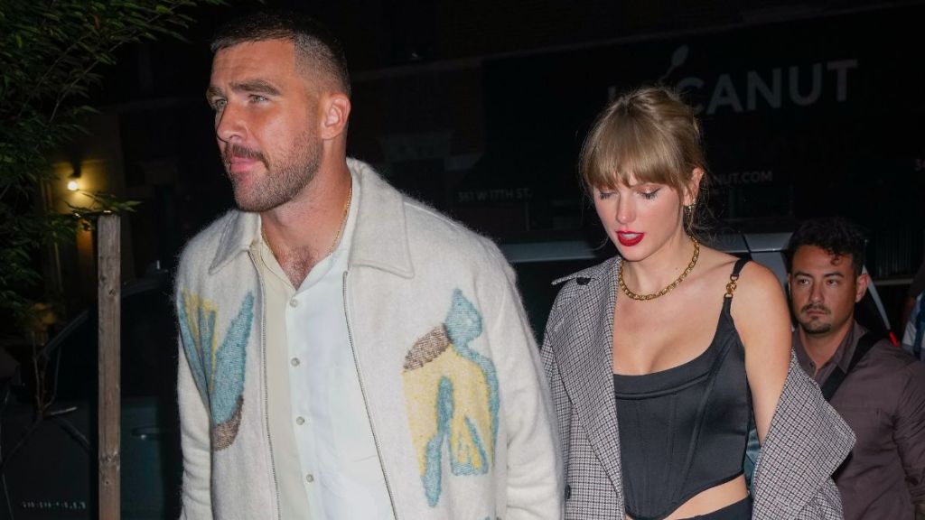 Travis Kelce and Taylor Swift are seen leaving the SNL after party on October 15, 2023 in New York, New York.