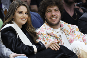 Actress Selena Gomez, left, and actor Benny Blanco during the first half of an NBA basketball game between the Los Angeles Lakers at Crypto.com Arena in Los Angeles Wednesday, Jan. 3, 2024.