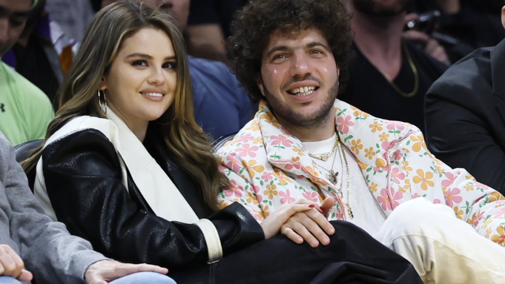 Actress Selena Gomez, left, and actor Benny Blanco during the first half of an NBA basketball game between the Los Angeles Lakers at Crypto.com Arena in Los Angeles Wednesday, Jan. 3, 2024.