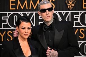 US socialite Kourtney Kardashian and husband US musician Travis Barker arrive for the 75th Emmy Awards at the Peacock Theatre at L.A. Live in Los Angeles on January 15, 2024.