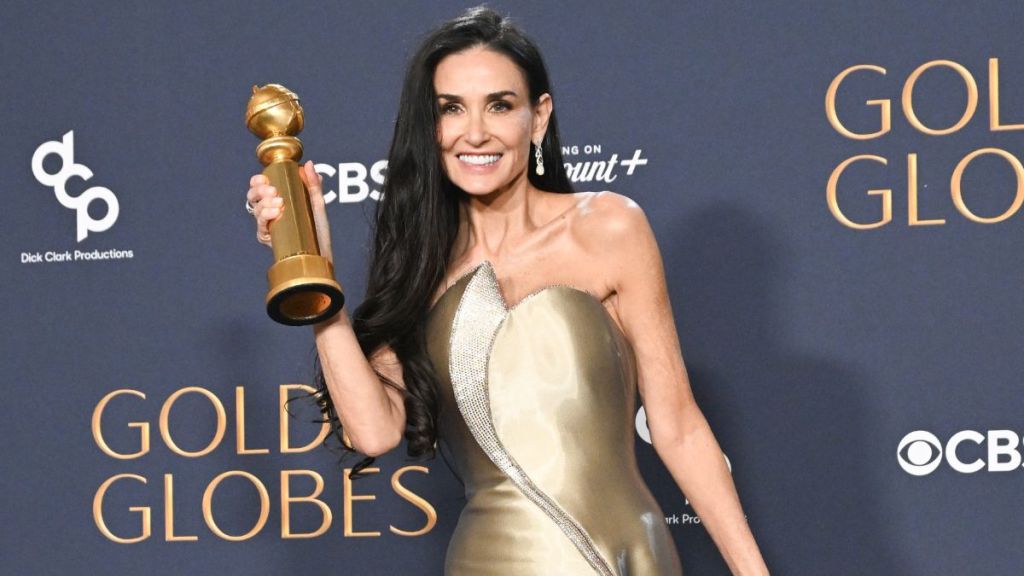 Demi Moore, winner of the Female Actor in a Motion Picture Musical or Comedy Award for "The Substance," poses in the press room during the Golden Globes 2025 on January 05, in Beverly Hills, California. Demi Moore also attended the Golden Globes 2025 afterparty, where she danced the night away.