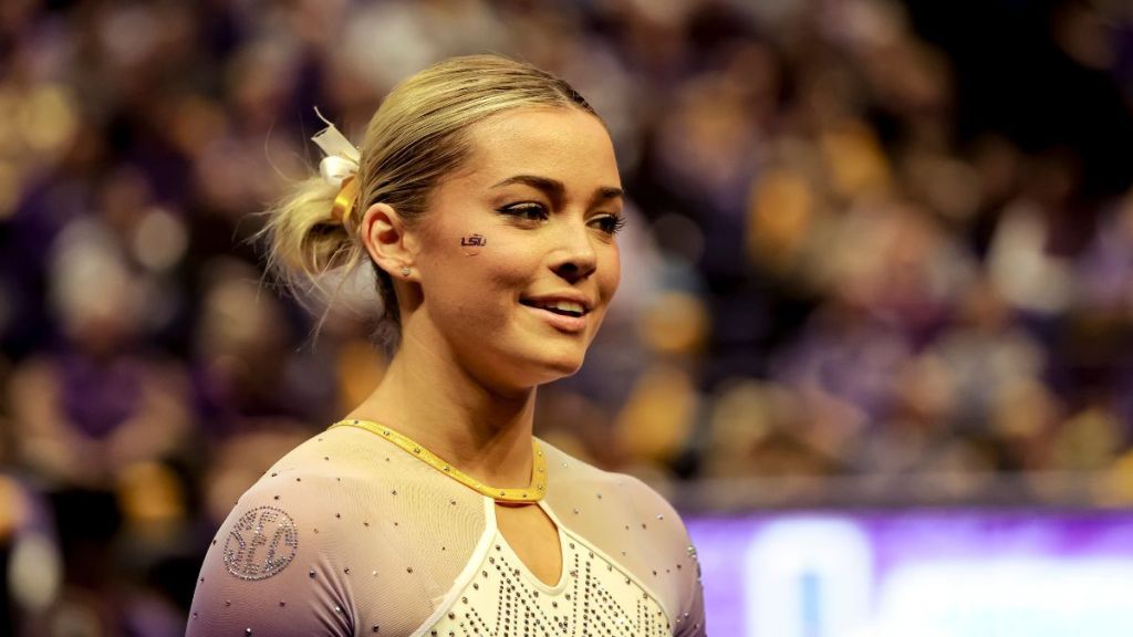 Olivia Dunne of the LSU Tigers smiles during a meet against the Iowa State Cyclones at the Pete Maravich Assembly Center on January 3, 2025 in Baton Rouge, Louisiana.