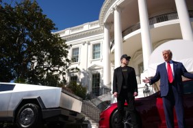 Donald Trump & Elon Musk Pose With Tesla at White House Amid Boycott